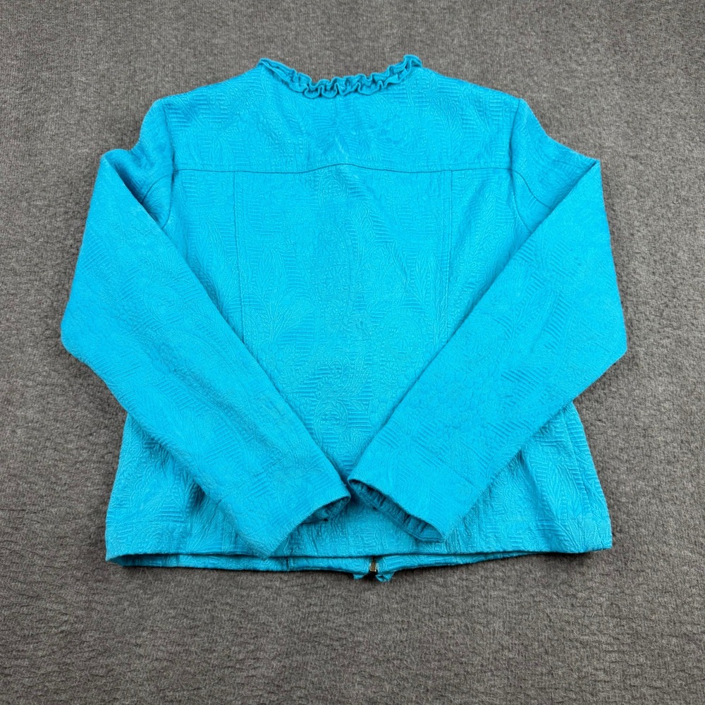 Ruby Rd Women's Turquoise Blue Textured Ruffle Zip Front Jacket Size 6 - Picture 2 of 5